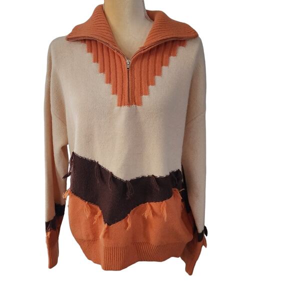 Cider Cream Orange Brown Pullover Wide Collar Fridge Wool Blend Sweater XL - Picture 1 of 4